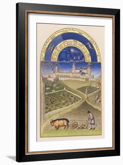 March Plowing and Tending Vines Near the Chateau De Lusignan-Pol De Limbourg-Framed Art Print