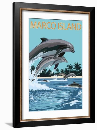 Marco Island - Dolphins Jumping-Lantern Press-Framed Premium Giclee Print