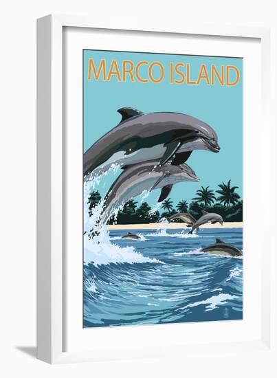 Marco Island - Dolphins Jumping-Lantern Press-Framed Premium Giclee Print
