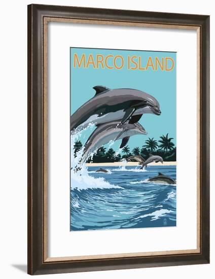Marco Island - Dolphins Jumping-Lantern Press-Framed Art Print