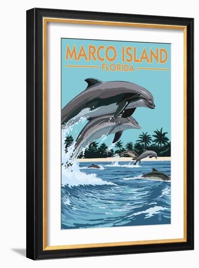 Marco Island, Florida - Dolphins Jumping-Lantern Press-Framed Art Print