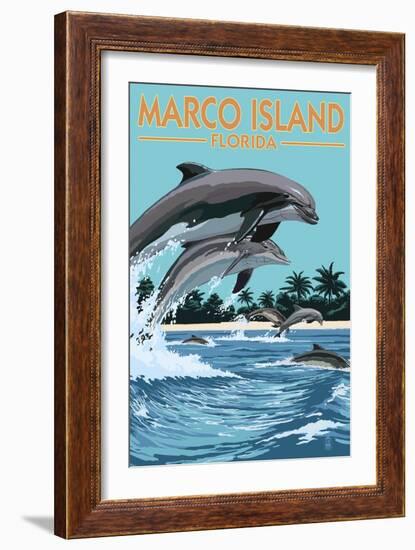 Marco Island, Florida - Dolphins Jumping-Lantern Press-Framed Premium Giclee Print