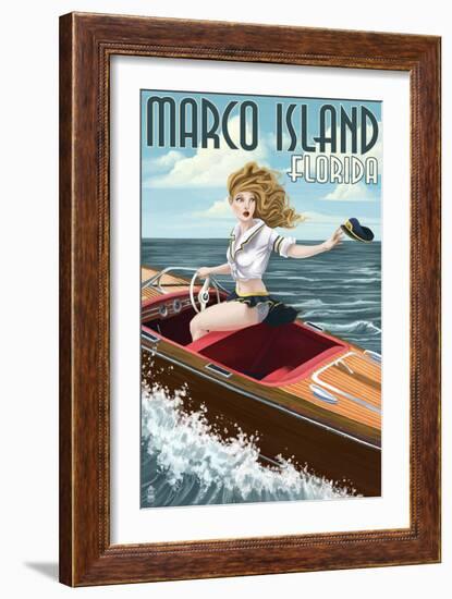 Marco Island, Florida - Pinup Girl Boating-Lantern Press-Framed Art Print