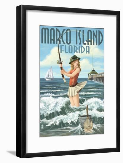 Marco Island, Florida - Pinup Girl Surf Fishing-Lantern Press-Framed Art Print