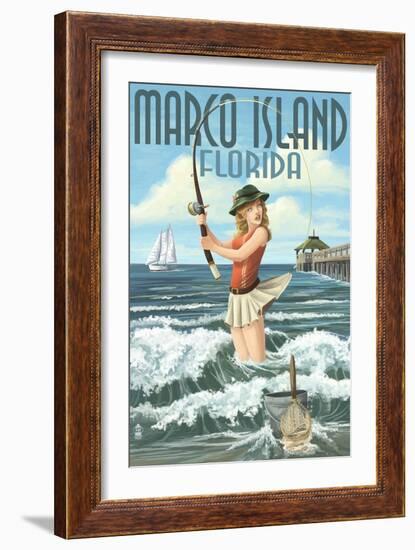 Marco Island, Florida - Pinup Girl Surf Fishing-Lantern Press-Framed Art Print