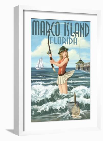 Marco Island, Florida - Pinup Girl Surf Fishing-Lantern Press-Framed Art Print