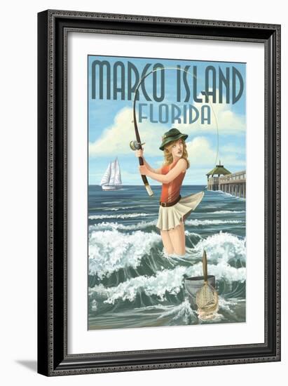 Marco Island, Florida - Pinup Girl Surf Fishing-Lantern Press-Framed Art Print