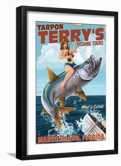 Marco Island, Florida - Pinup Girl Tarpon Fishing-Lantern Press-Framed Art Print