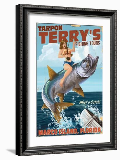 Marco Island, Florida - Pinup Girl Tarpon Fishing-Lantern Press-Framed Art Print