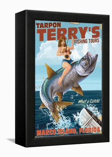 Marco Island, Florida - Pinup Girl Tarpon Fishing-Lantern Press-Framed Stretched Canvas