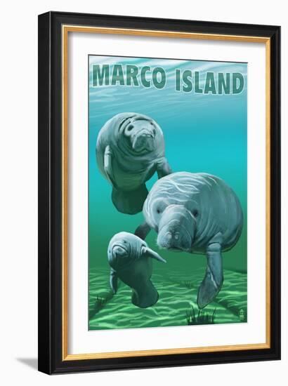 Marco Island - Manatees-Lantern Press-Framed Premium Giclee Print