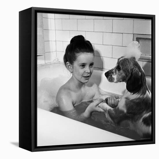 Margaret O'Brien and Her Spaniel Maggie Share a Bubble Bath-Marie Hansen-Framed Premier Image Canvas