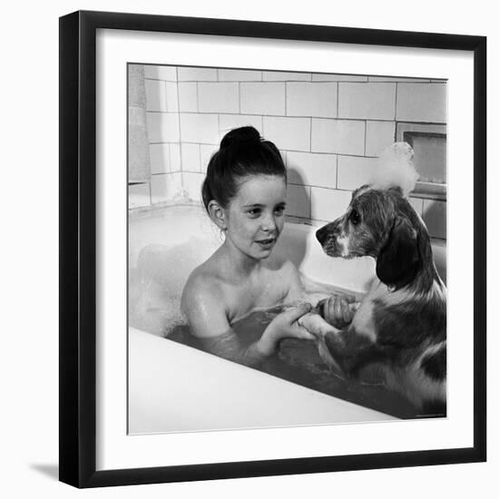 Margaret O'Brien and Her Spaniel Maggie Share a Bubble Bath-Marie Hansen-Framed Premium Photographic Print