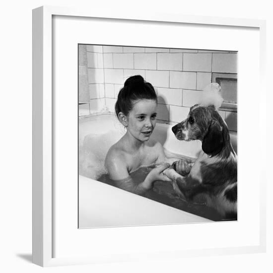 Margaret O'Brien and Her Spaniel Maggie Share a Bubble Bath-Marie Hansen-Framed Premium Photographic Print