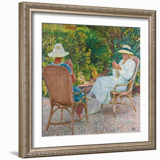 Maria and Elisabeth Van Rysselberghe Knitting in the Garden, C.1912-Theo van Rysselberghe-Framed Giclee Print