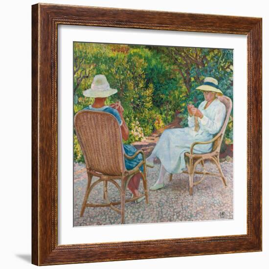 Maria and Elisabeth Van Rysselberghe Knitting in the Garden, C.1912-Theo van Rysselberghe-Framed Giclee Print