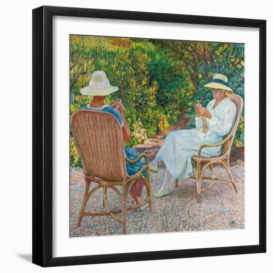 Maria and Elisabeth Van Rysselberghe Knitting in the Garden, C.1912-Theo van Rysselberghe-Framed Giclee Print