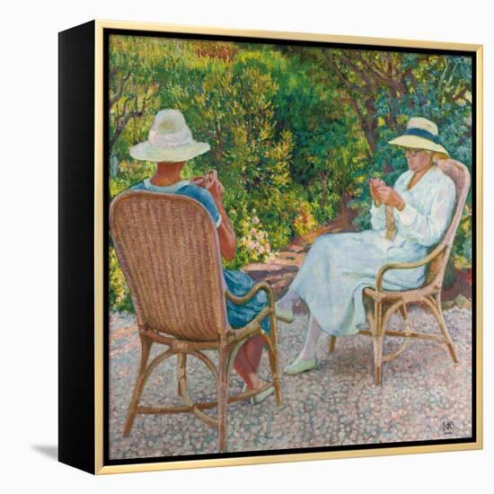 Maria and Elisabeth Van Rysselberghe Knitting in the Garden, C.1912-Theo van Rysselberghe-Framed Premier Image Canvas