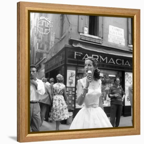 Maria Félix Eating an Ice Cream in Front of a Pharmacy-null-Framed Premier Image Canvas