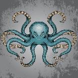 Blue Octopus with Grunge Background in Dotwork Tattoo Style Vector Illustration.-Maria Sem-Art Print