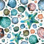 Vector Seamless Pattern Painted in Watercolor with Seashells and Starfish on a White Background.-Maria Tishchenko-Premier Image Canvas