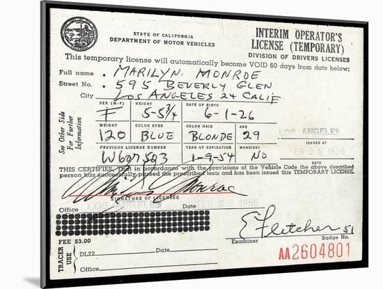 Marilyn Monroe's Driver's License, 1956-null-Mounted Giclee Print