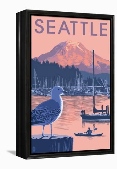 Marina and Rainier at Sunset - Seattle, Washington-Lantern Press-Framed Stretched Canvas