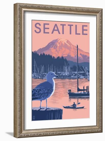 Marina and Rainier at Sunset - Seattle, Washington-Lantern Press-Framed Art Print