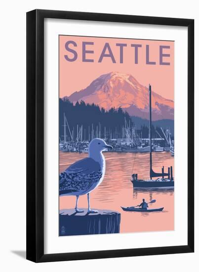 Marina and Rainier at Sunset - Seattle, Washington-Lantern Press-Framed Art Print