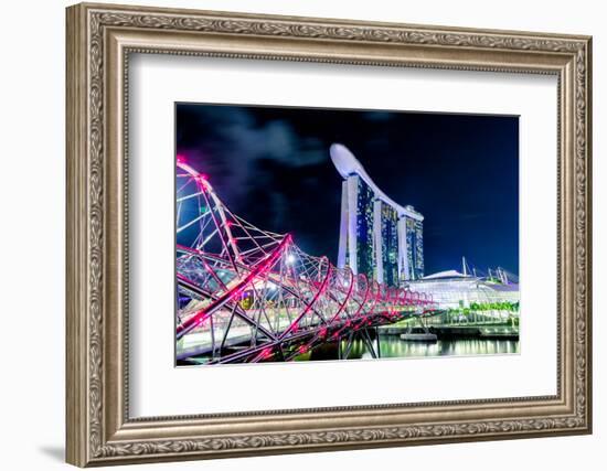 Marina Bay Sands and Helix Bridge city lights at night in Singapore with water reflections-David Chang-Framed Photographic Print