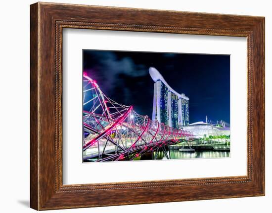 Marina Bay Sands and Helix Bridge city lights at night in Singapore with water reflections-David Chang-Framed Photographic Print