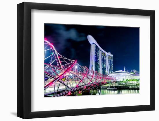 Marina Bay Sands and Helix Bridge city lights at night in Singapore with water reflections-David Chang-Framed Photographic Print