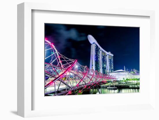 Marina Bay Sands and Helix Bridge city lights at night in Singapore with water reflections-David Chang-Framed Photographic Print