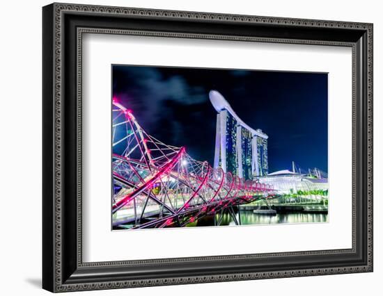 Marina Bay Sands and Helix Bridge city lights at night in Singapore with water reflections-David Chang-Framed Photographic Print