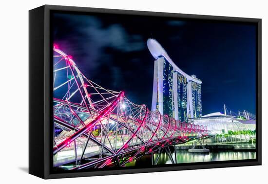 Marina Bay Sands and Helix Bridge city lights at night in Singapore with water reflections-David Chang-Framed Premier Image Canvas