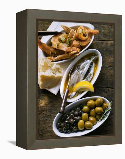 Marinated Sardines, Fried Scampi and Olives-null-Framed Premier Image Canvas