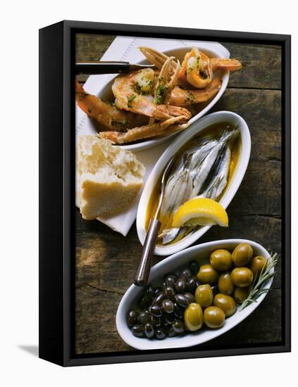 Marinated Sardines, Fried Scampi and Olives-null-Framed Premier Image Canvas