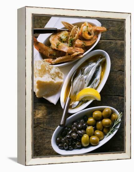 Marinated Sardines, Fried Scampi and Olives-null-Framed Premier Image Canvas