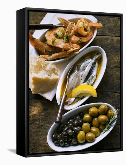 Marinated Sardines, Fried Scampi and Olives-null-Framed Premier Image Canvas