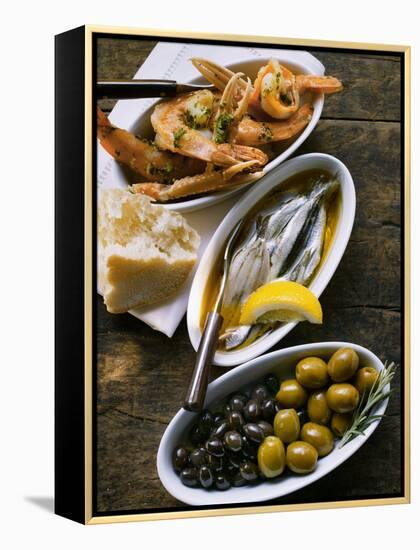 Marinated Sardines, Fried Scampi and Olives-null-Framed Premier Image Canvas