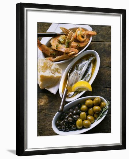 Marinated Sardines, Fried Scampi and Olives-null-Framed Photographic Print