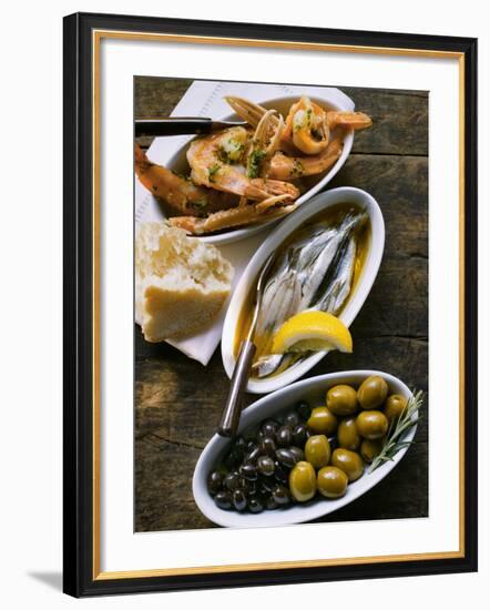 Marinated Sardines, Fried Scampi and Olives-null-Framed Photographic Print