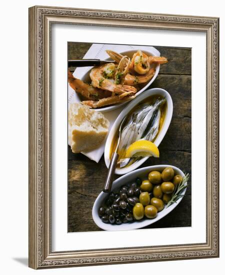 Marinated Sardines, Fried Scampi and Olives-null-Framed Photographic Print