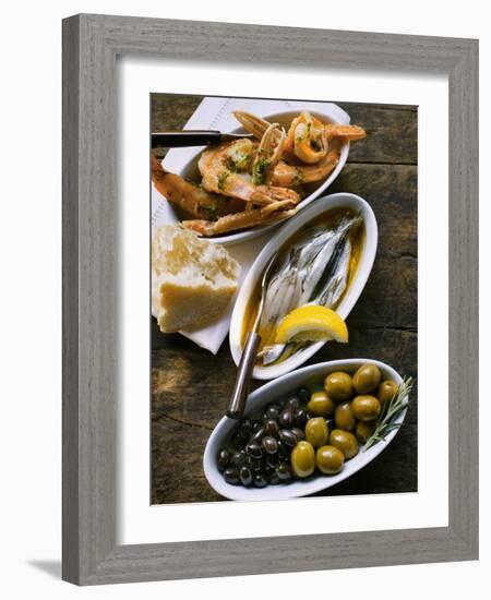 Marinated Sardines, Fried Scampi and Olives-null-Framed Photographic Print