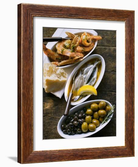 Marinated Sardines, Fried Scampi and Olives-null-Framed Photographic Print