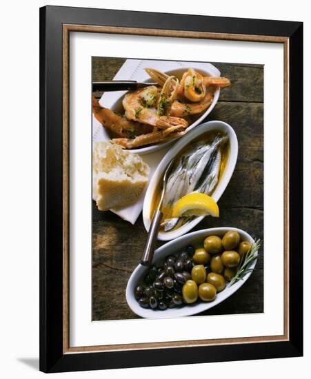 Marinated Sardines, Fried Scampi and Olives-null-Framed Photographic Print