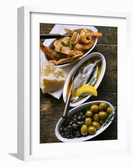 Marinated Sardines, Fried Scampi and Olives-null-Framed Photographic Print