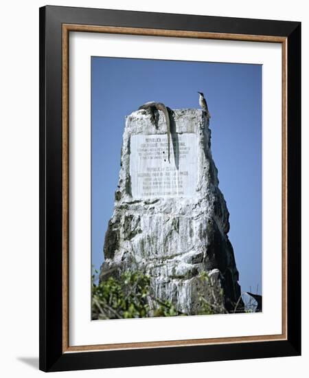 Marine Iguana and Galapagos Mockingbird Atop a Monument, Galapagos Islands, Ecuador-Charles Sleicher-Framed Photographic Print