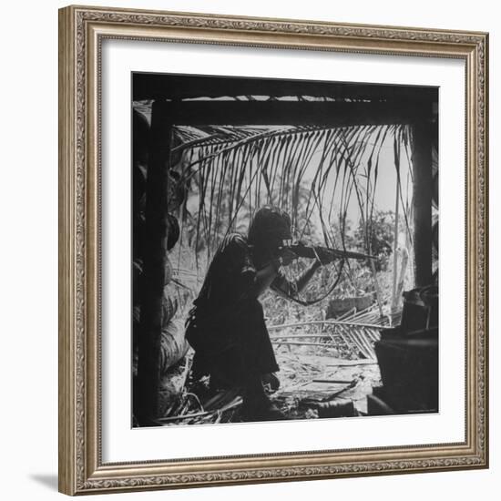 Marine in Action During Fight to Take Bougainville in Solomon Islands During WWII-William C^ Shrout-Framed Photographic Print