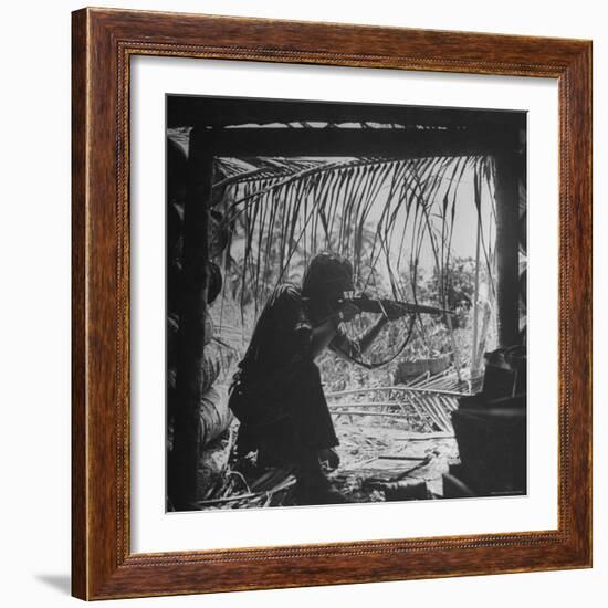 Marine in Action During Fight to Take Bougainville in Solomon Islands During WWII-William C^ Shrout-Framed Photographic Print